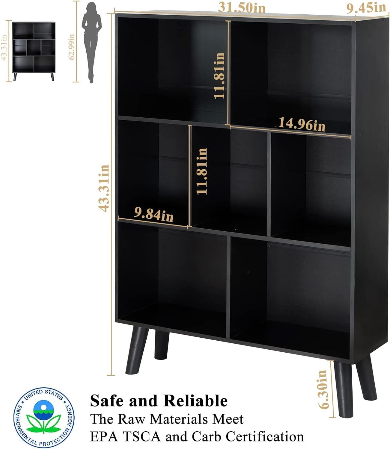 Black Wholesale 3 Tier ,7 Cube Mid-Century Modern Crisscross Partition Design Bookcase With Legs For Bedroom,Living Room,Office