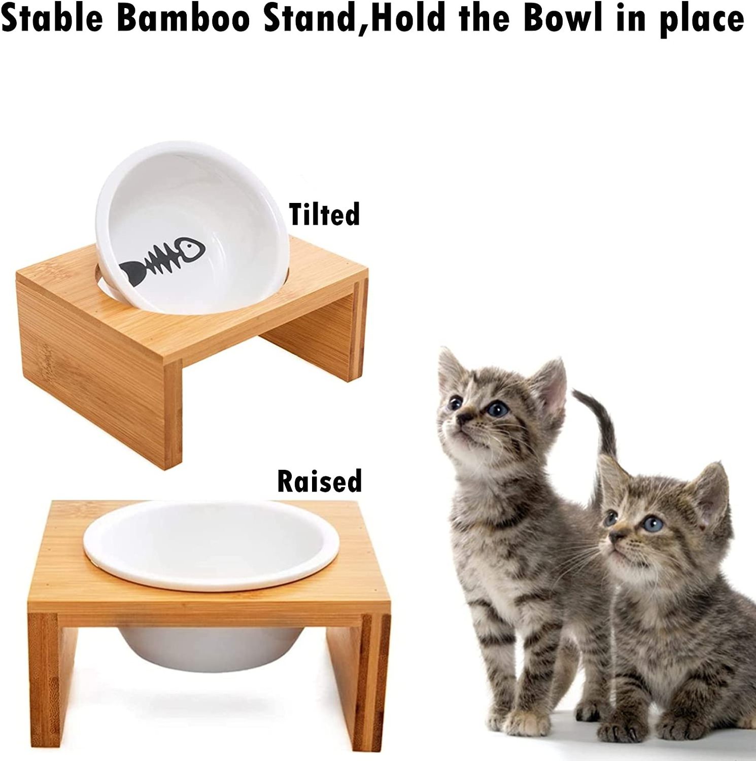 High Quality Dog cat Food Stand With 1 Ceramic Bowls Bamboo Pet Feeder