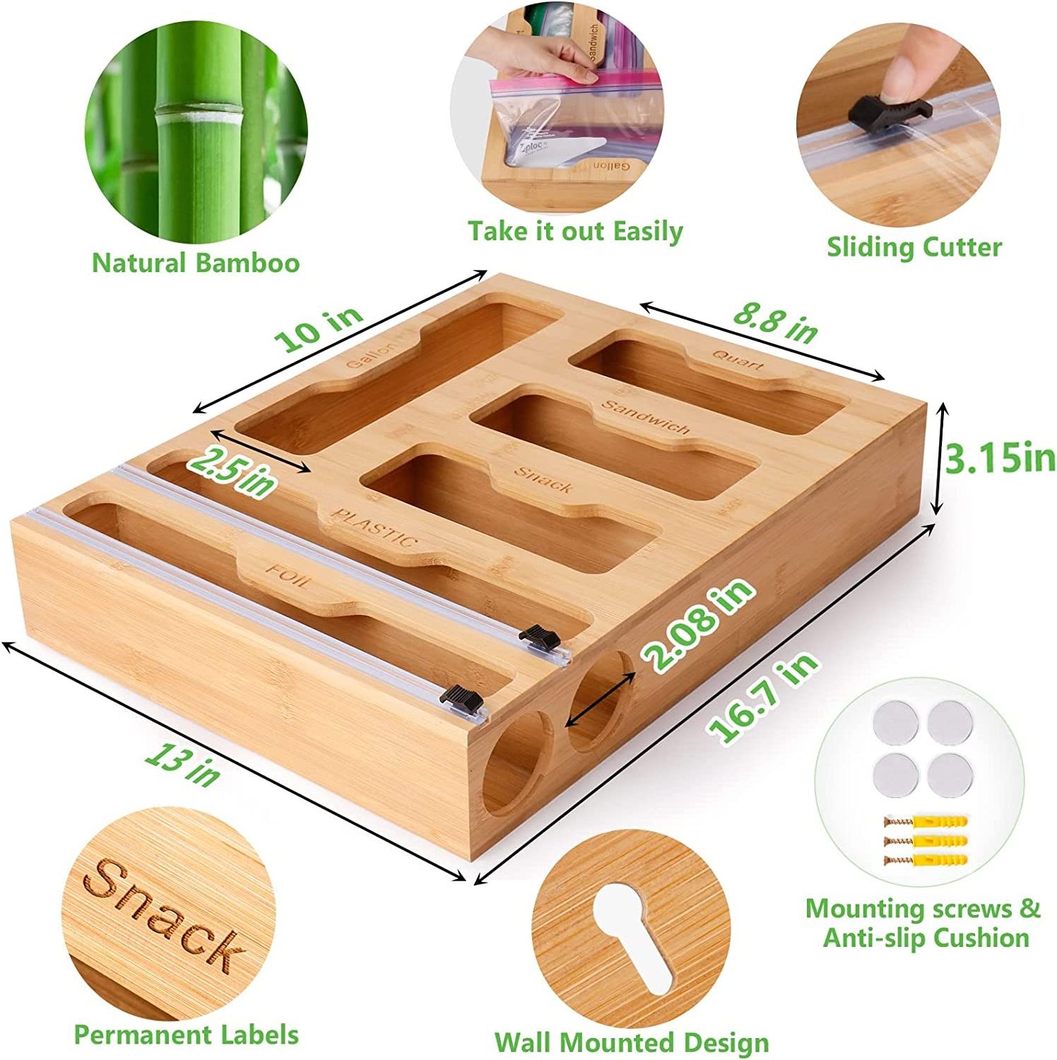 Amazon Best selling Lock Lid Wall Mount bamboo ziplock bag organizer for drawer 6 in 1 bamboo ziplock bag storage organizer