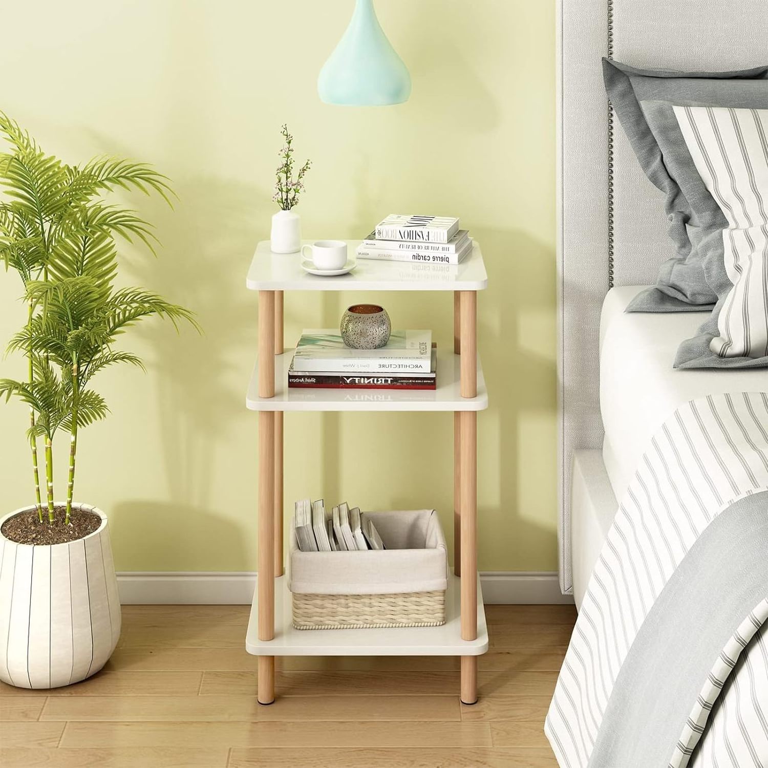 Wooden  3-Tier Side Table Modern Bedside Table Night Stand Storage Shelf with bamboo Frame for Small Spaces