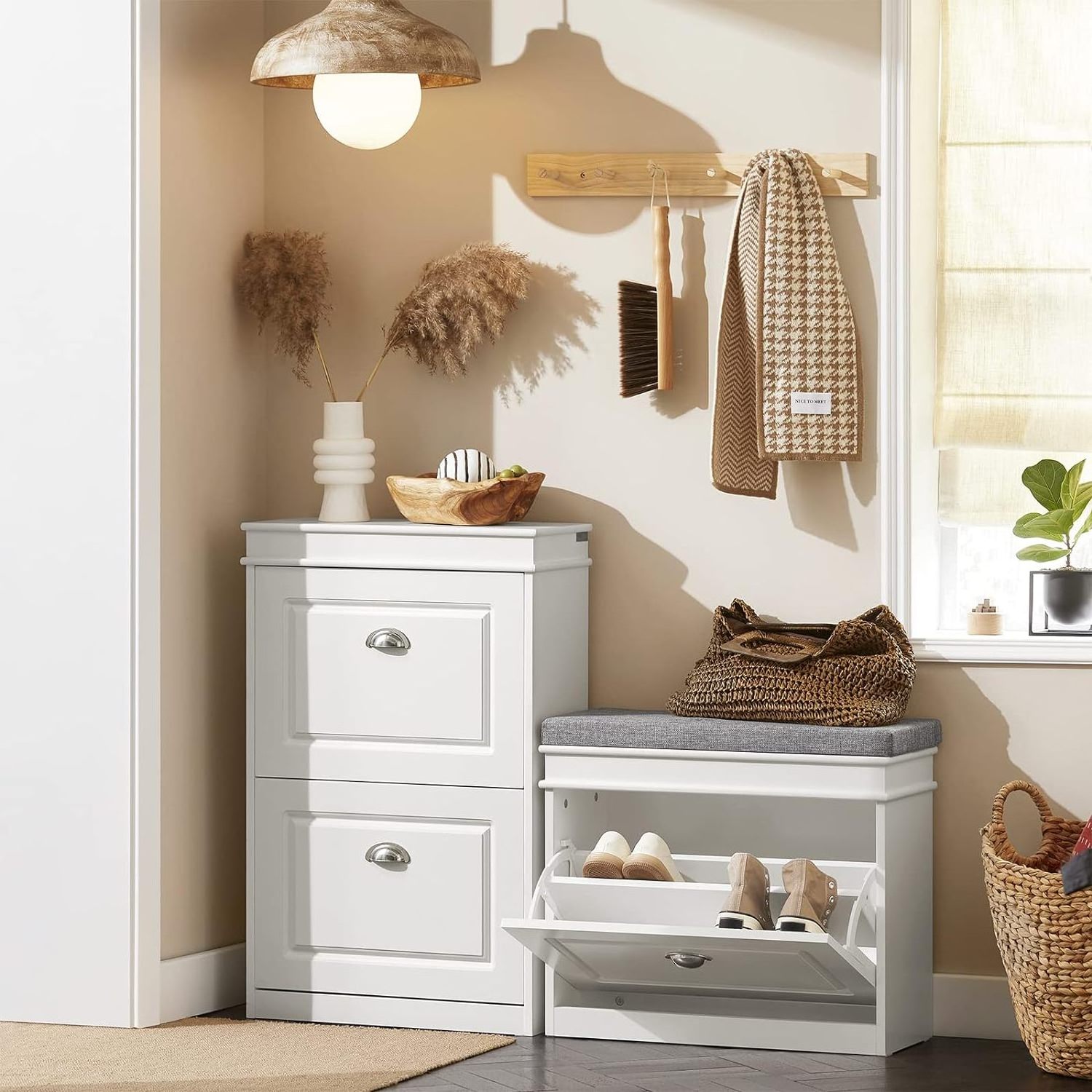 Modern Furniture White Hallway Shoe Bench, Shoe Rack, Shoe Cabinet with Flip-Drawer and Seat Cushion