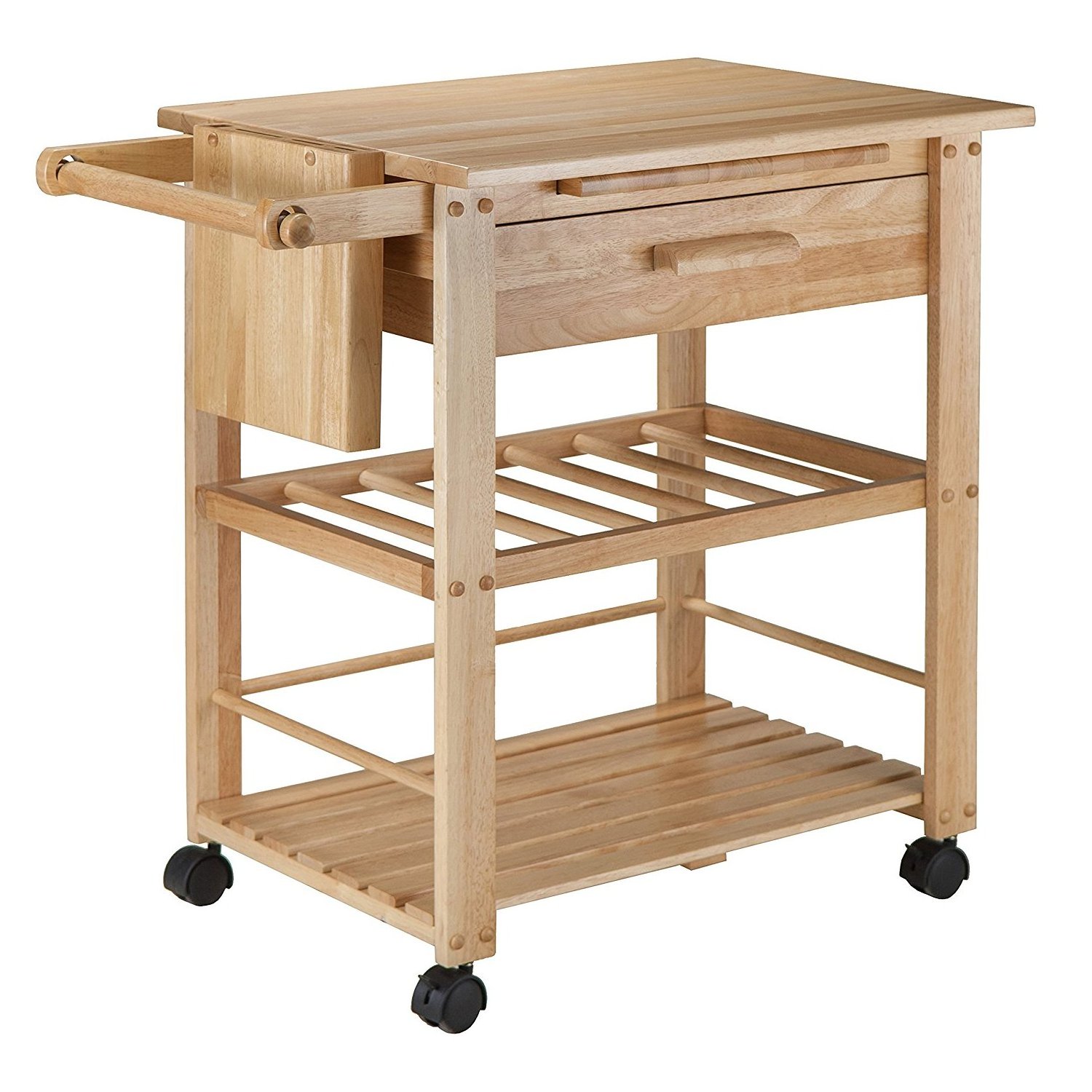 100% wooden Kitchen Trolley Cart with Wheels Shelves Drawer