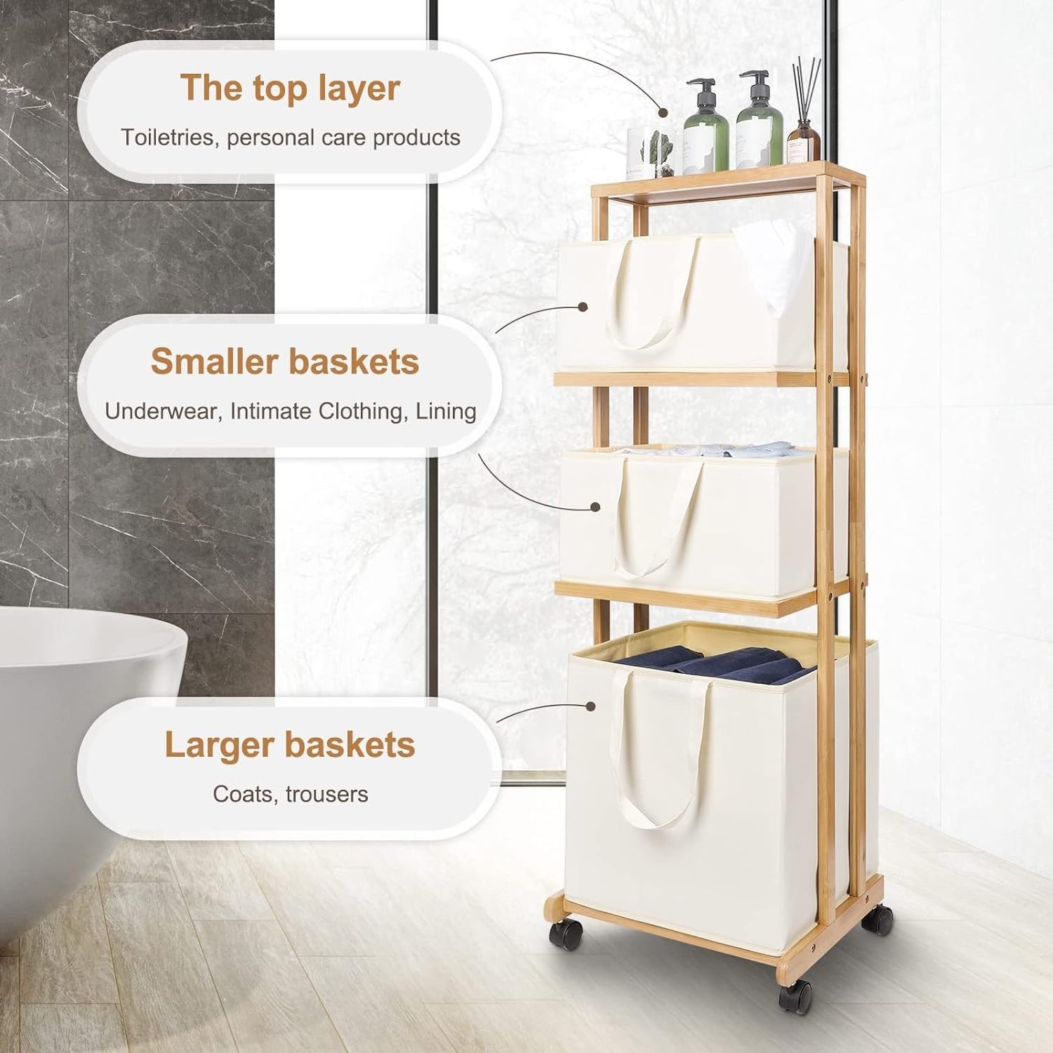 3 Tier Bamboo Storage Shelf with Wheels Removable Storage Basket with Handle Freestanding Hamper Organizer