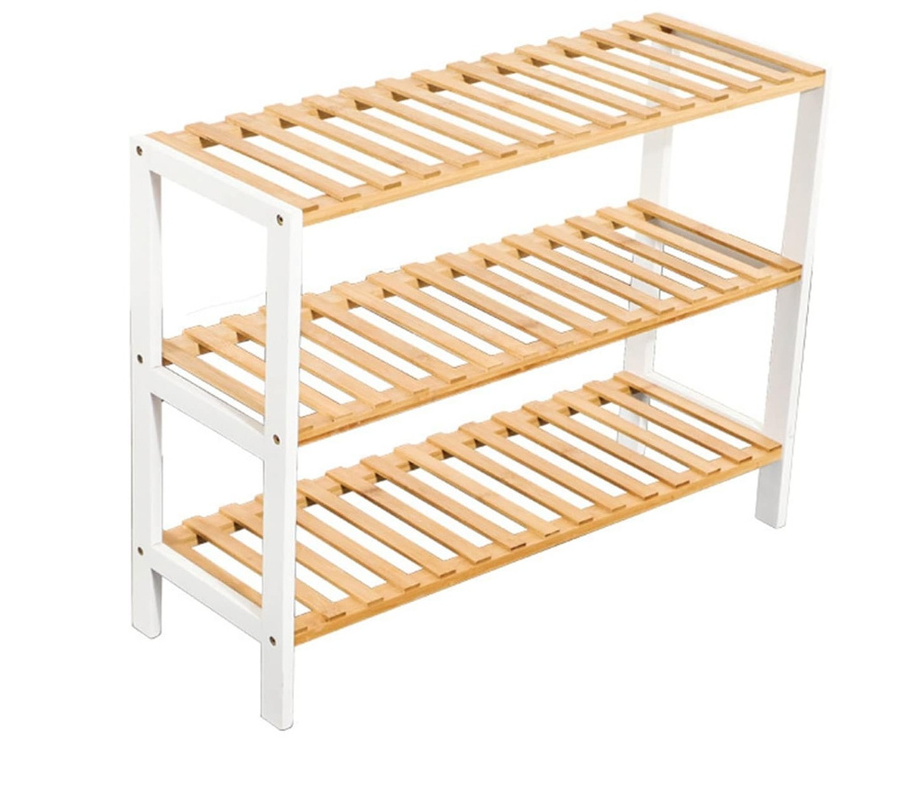 Natural & white bamboo shoe rack display stand 3 tier storage shelf organizer for shoes