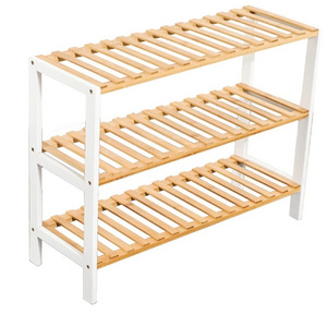 Natural & white bamboo shoe rack display stand 3 tier storage shelf organizer for shoes