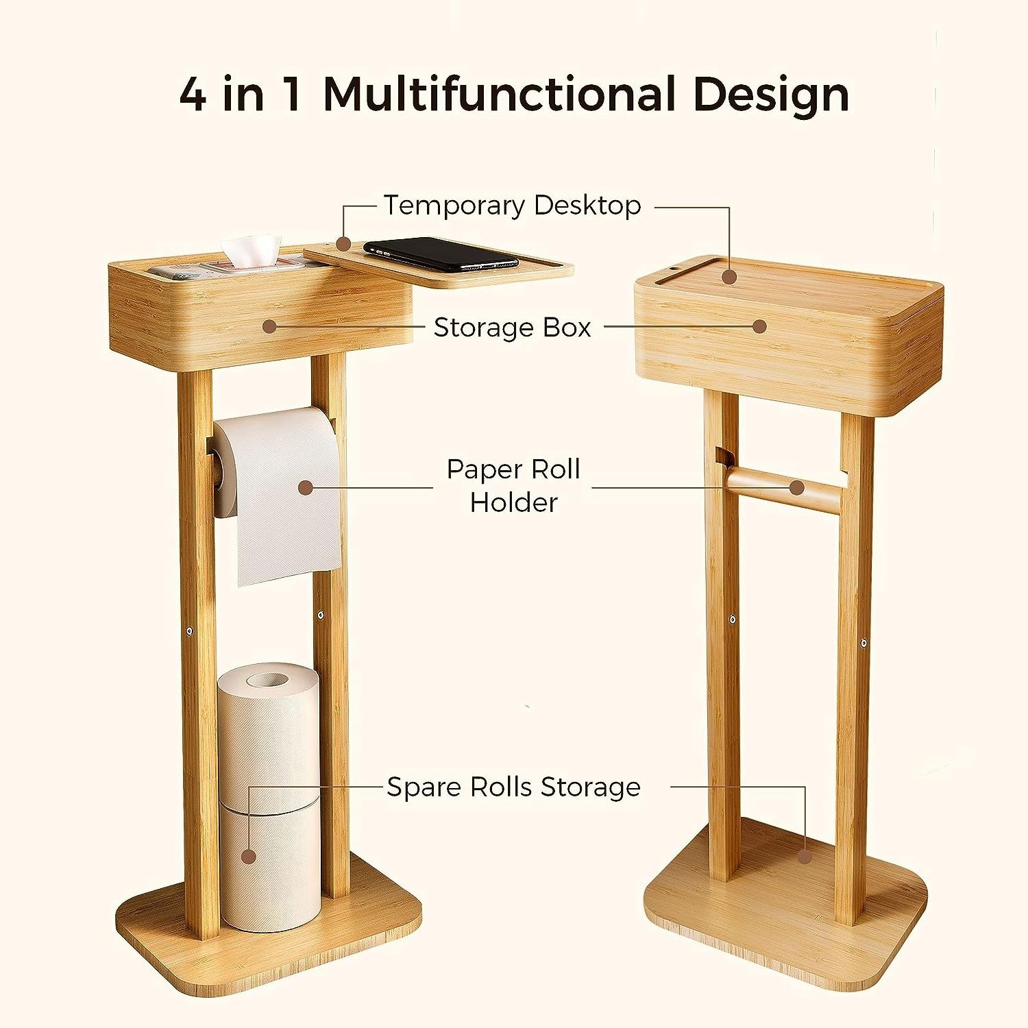 wholesale stable  natural bamboo bathroom 4-in-1 Toilet Paper Holder Stand with Storage Shelf Box