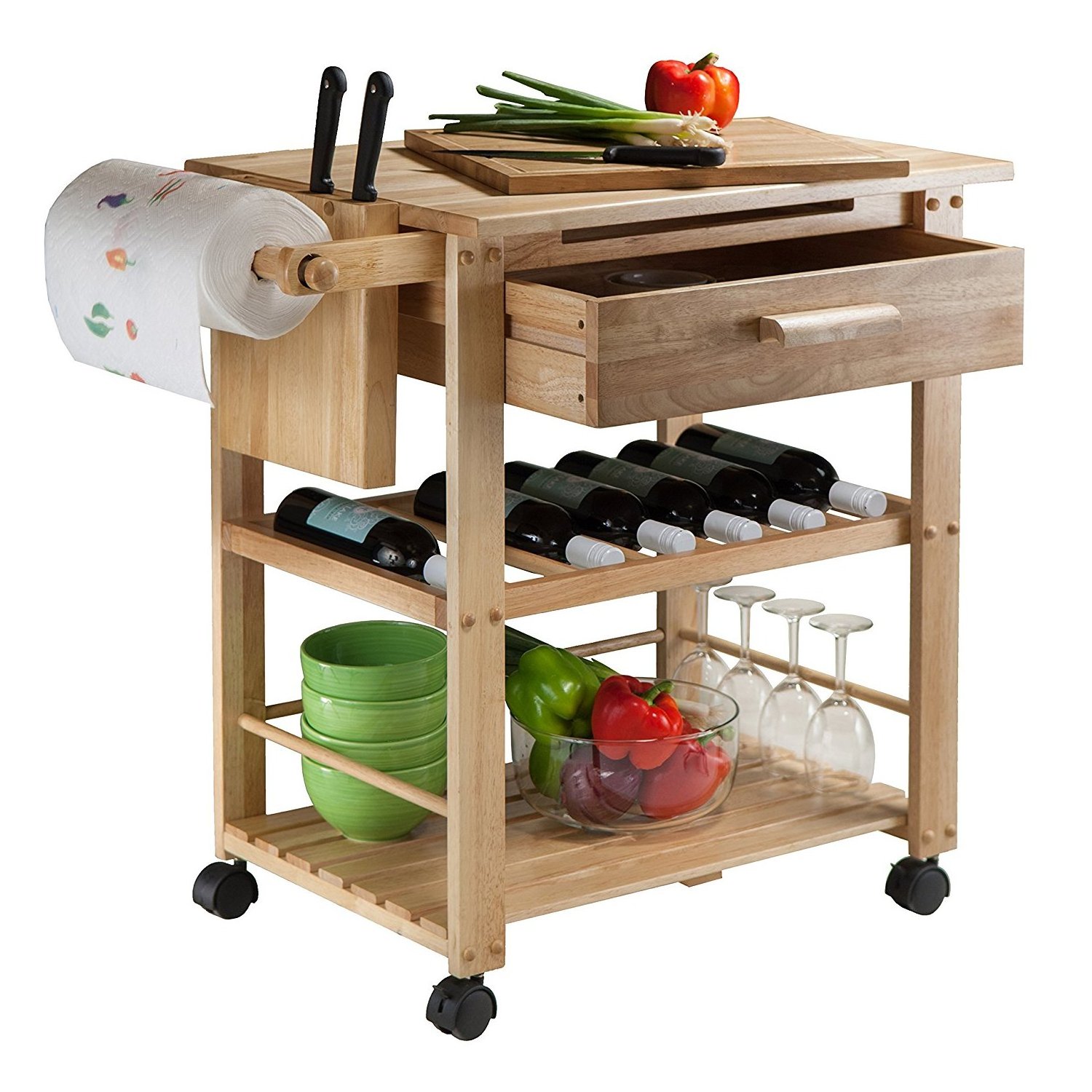 100% wooden Kitchen Trolley Cart with Wheels Shelves Drawer