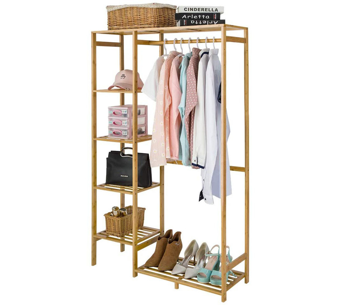 Bamboo Garment Rack 6 Tier Storage Shelves Clothes Hanging Rack Side Hooks Heavy Duty Clothing Rack