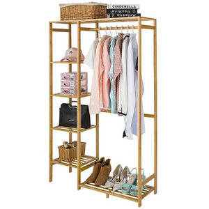 Bamboo Garment Rack 6 Tier Storage Shelves Clothes Hanging Rack Side Hooks Heavy Duty Clothing Rack