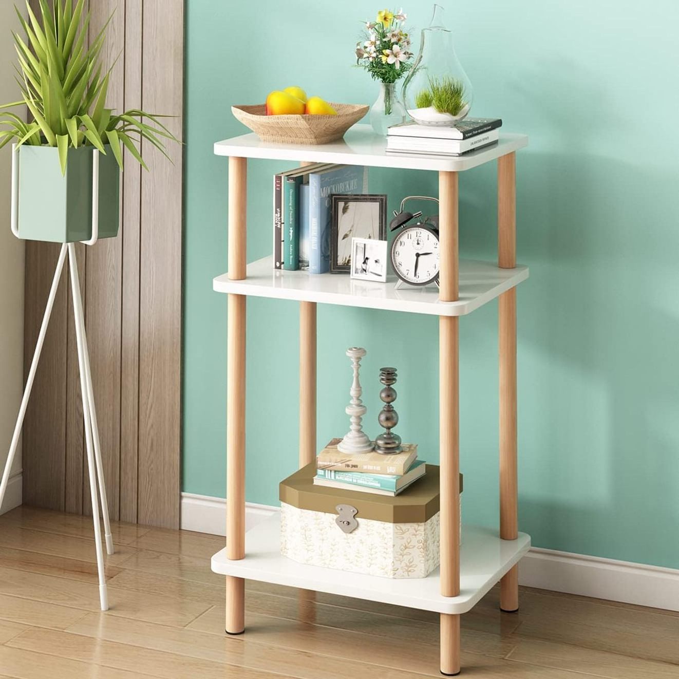 Wooden  3-Tier Side Table Modern Bedside Table Night Stand Storage Shelf with bamboo Frame for Small Spaces