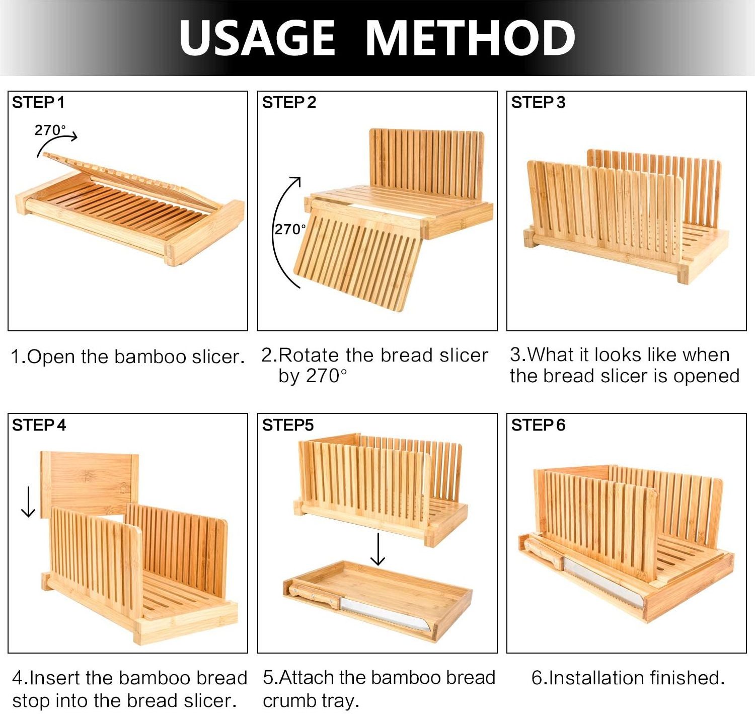 High quality adjustable bamboo wooden bread cutting board bread slicer with knife and crumbs tray manufacture in china