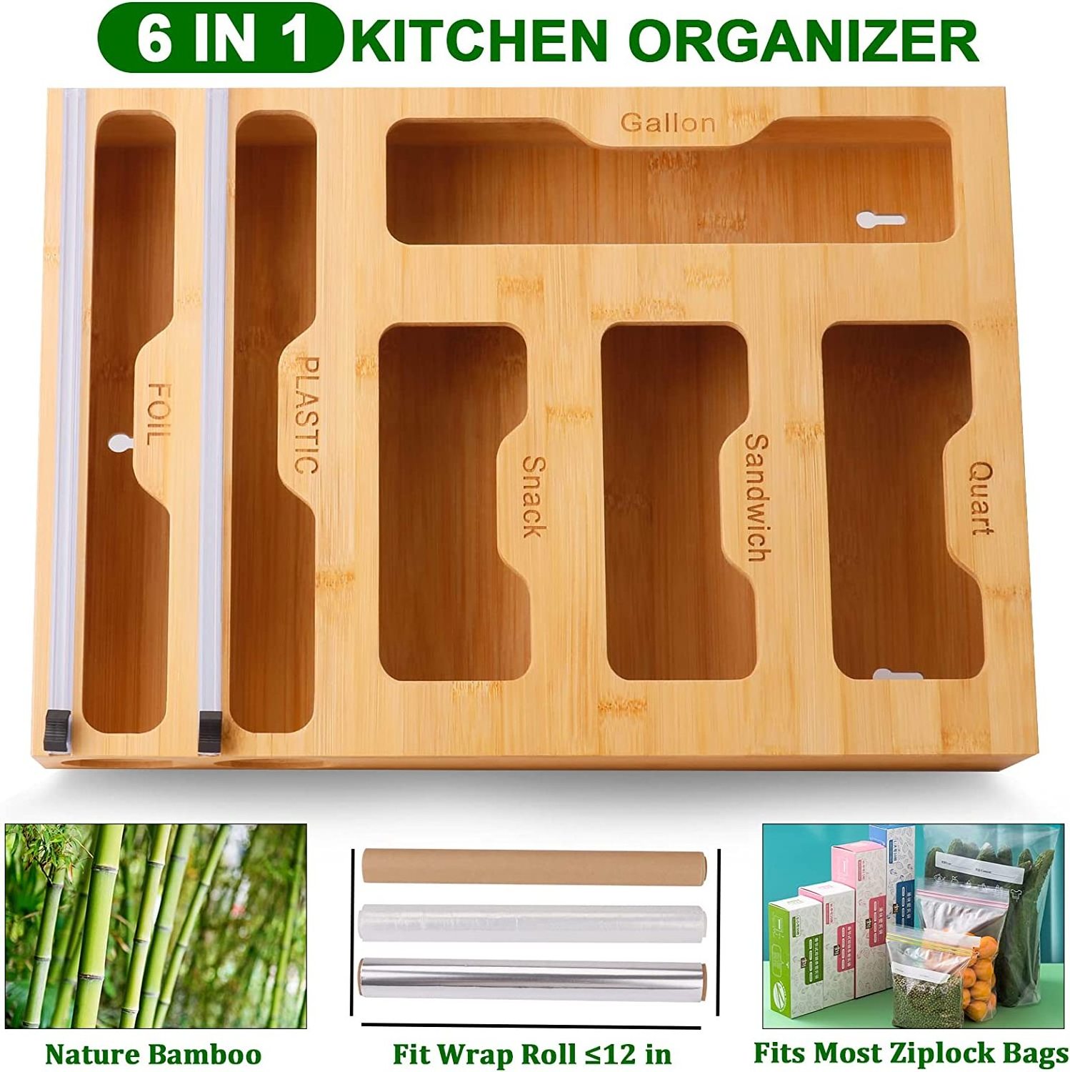 Amazon Best selling Lock Lid Wall Mount bamboo ziplock bag organizer for drawer 6 in 1 bamboo ziplock bag storage organizer