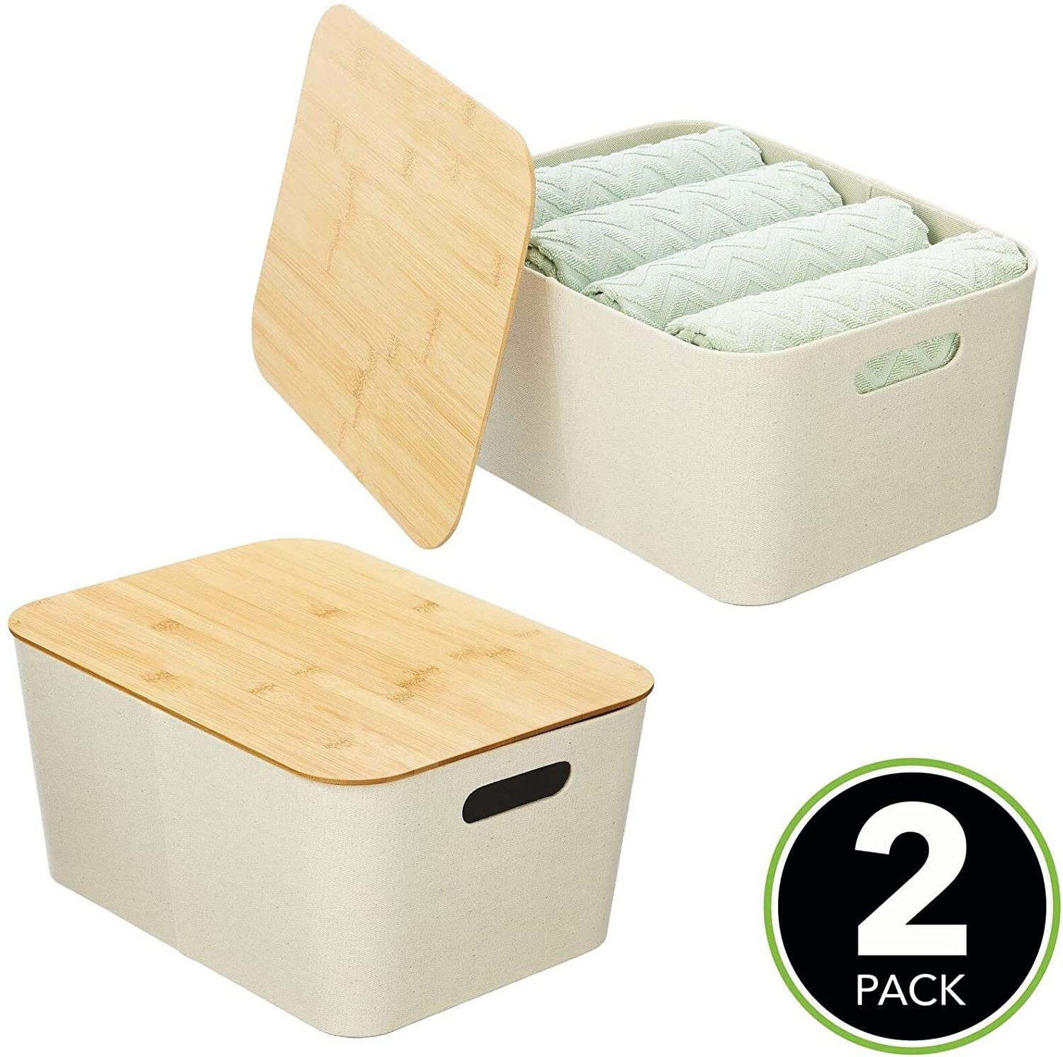 Fabric Basket with Lid - Stacking Decorative Storage Box Bins with Bamboo Lid for Closet, Bedroom, Living Room or Office