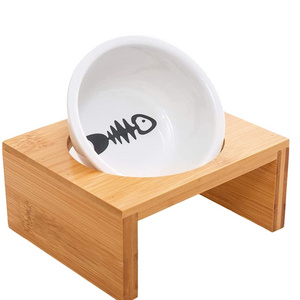 High Quality Dog cat Food Stand With 1 Ceramic Bowls Bamboo Pet Feeder