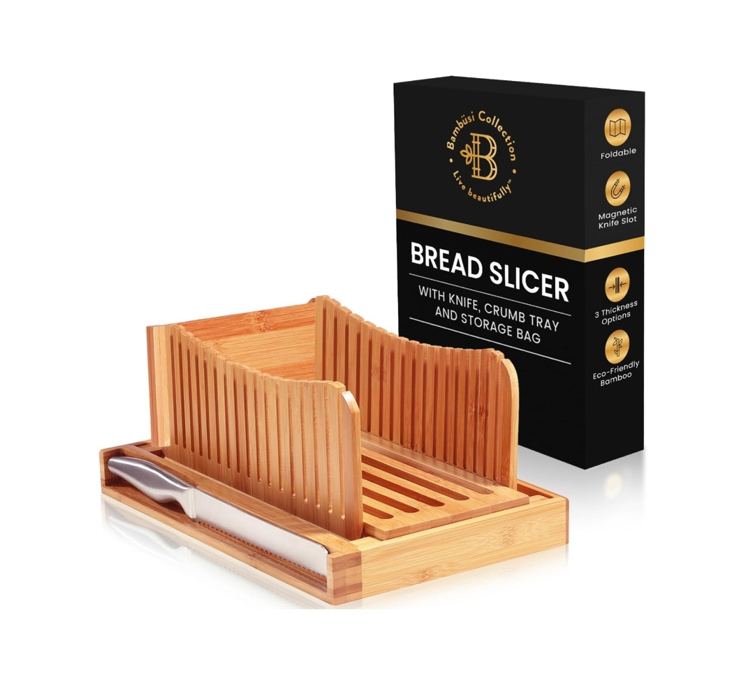 Adjustable Bamboo Bread Cutter for Homemade 10 inch Bread Slicer Cutting Guide