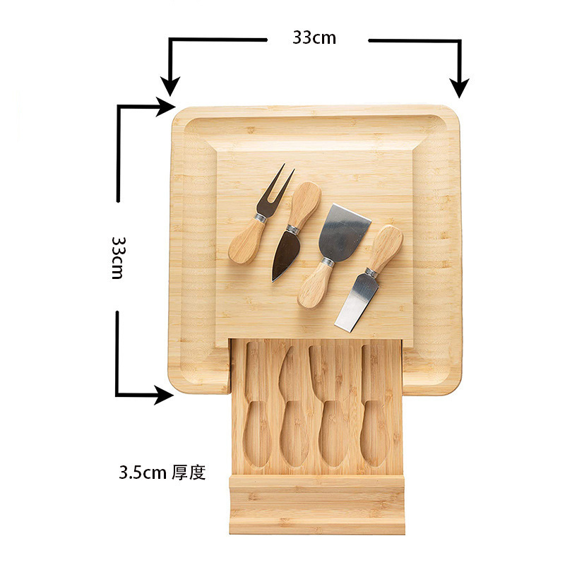 Bamboo Cheese Board And Knife Set With Hidden Drawer Custom Factory Wooden Bamboo Cheese Board with Cutlery Set