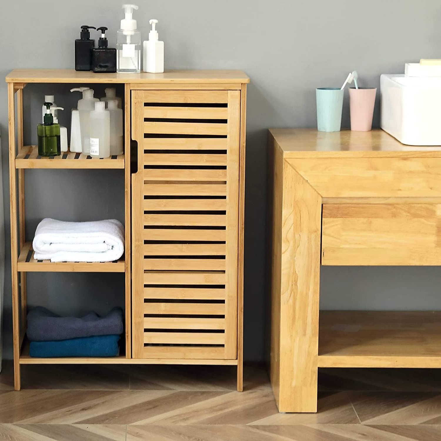 Bamboo Storage Cabinets Bathroom Cabinet with 3 Tier Shelves, Free Standing Storage Cabinet Furniture