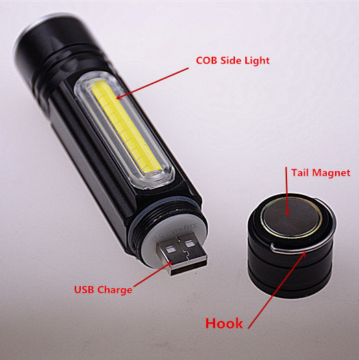 Multi-Function Magnetism Mini Torch Light,10W XML T6 USB Rechargeable COB Light Super Bright Led Zoom Flashlight with Hook