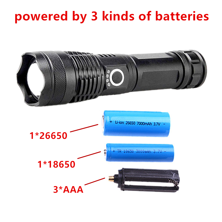 Waterproof 26650/18650/AAA Battery Operated Zoom Flashlight EDC 5 Mode Rechargeable Flashlight P50 for Camping