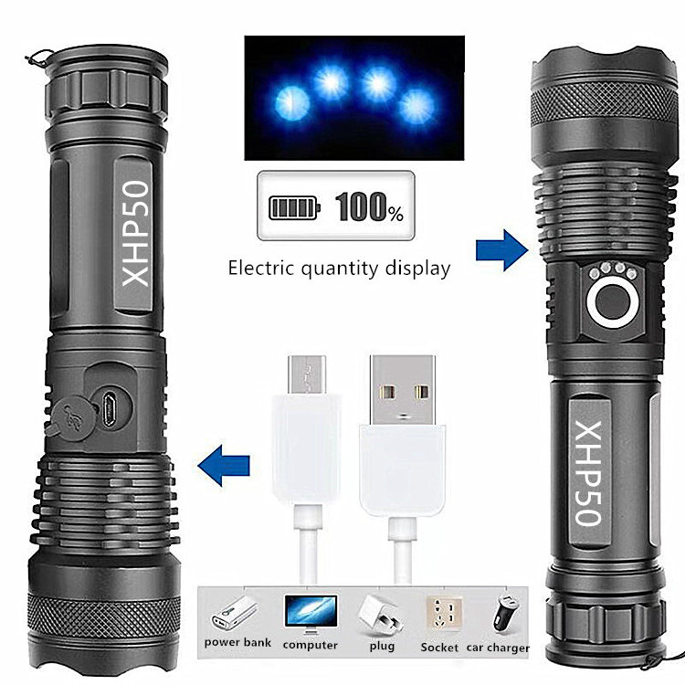 Waterproof 26650/18650/AAA Battery Operated Zoom Flashlight EDC 5 Mode Rechargeable Flashlight P50 for Camping