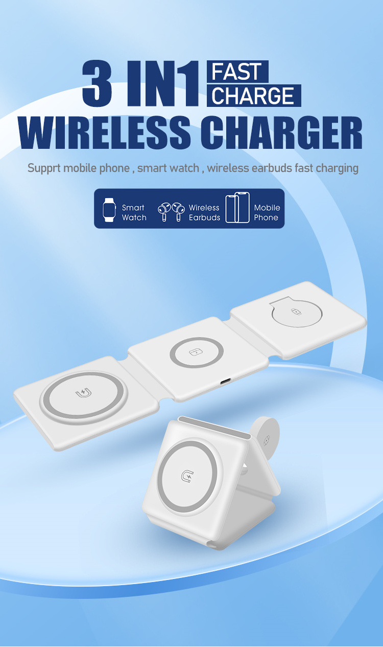 Support Watch Earphone Mobile Phone Fast Charging QI Foldable 15W 3 In 1 CE FCC ROHS Wireless Charger