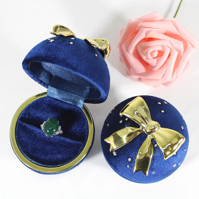 Top-ranked Products Wholesale cute blue sphere roundness bowknot bow case luxury velvet jewelry gift christmas ring box