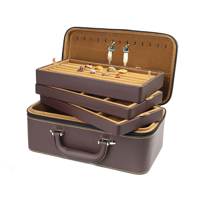 Brown Travel Jewelry Organizer Ring Bangle Storage Hand Carring Cases Cosmetic Gift Box pu leather Travel Jewellery Boxes