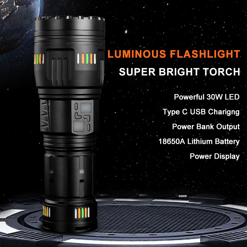 Super Bright Flashlight with Luminous Strips 30W LED Type C USB Charging 7 Modes Zoomable 40000 Lumens Outdoor Emergency Torch