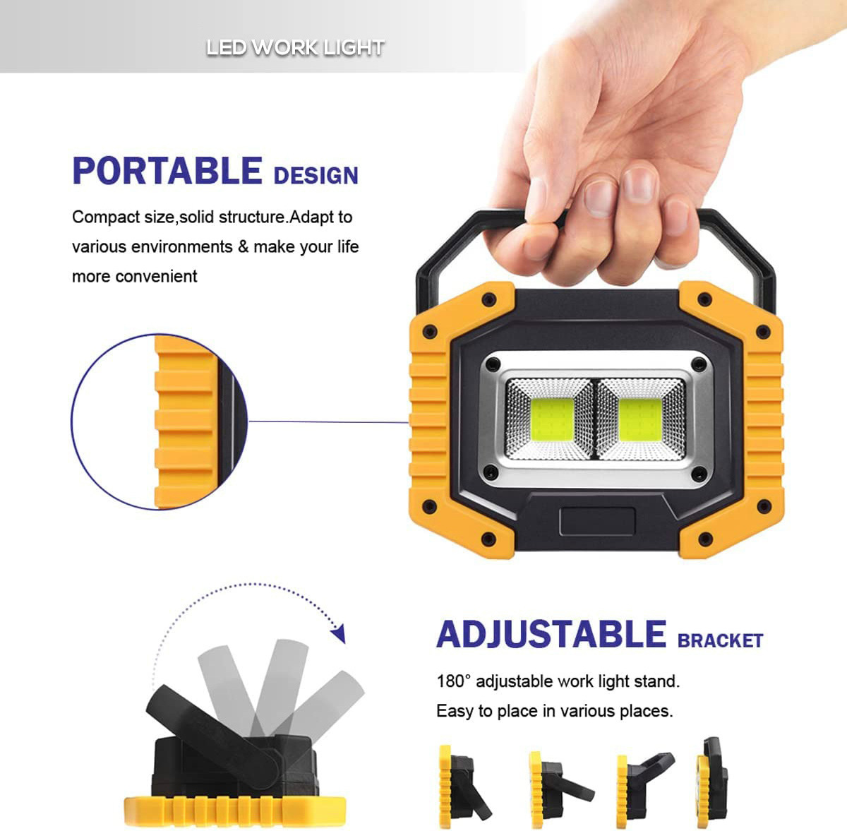 LED Work Light Rechargeable Portable Flood Light 30W 1500LM for Outdoor Camping Hiking Emergency Car Repairing Job Site Lighting