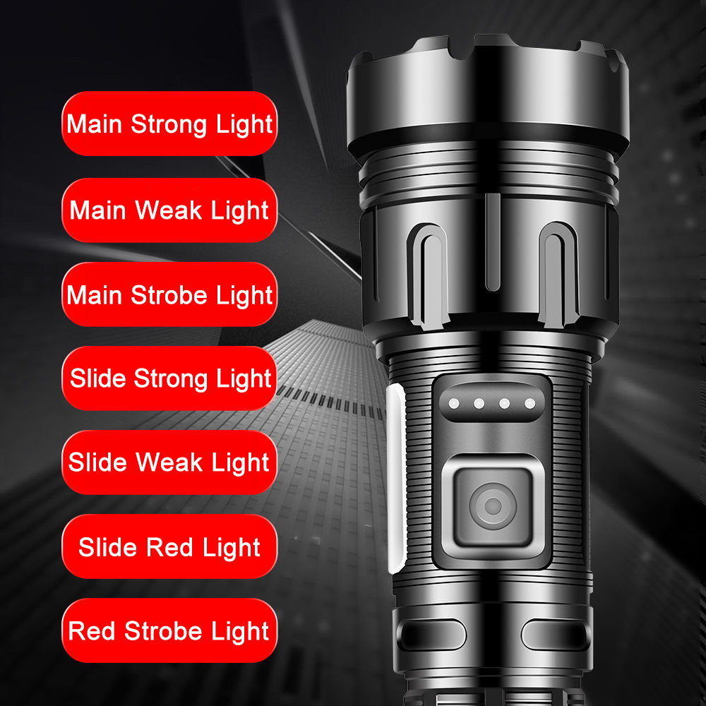 LED Flashlight Rechargeable Super Bright Torch with COB Work Light Waterproof 7 Modes Tactical Flashlights for Outdoor Camping