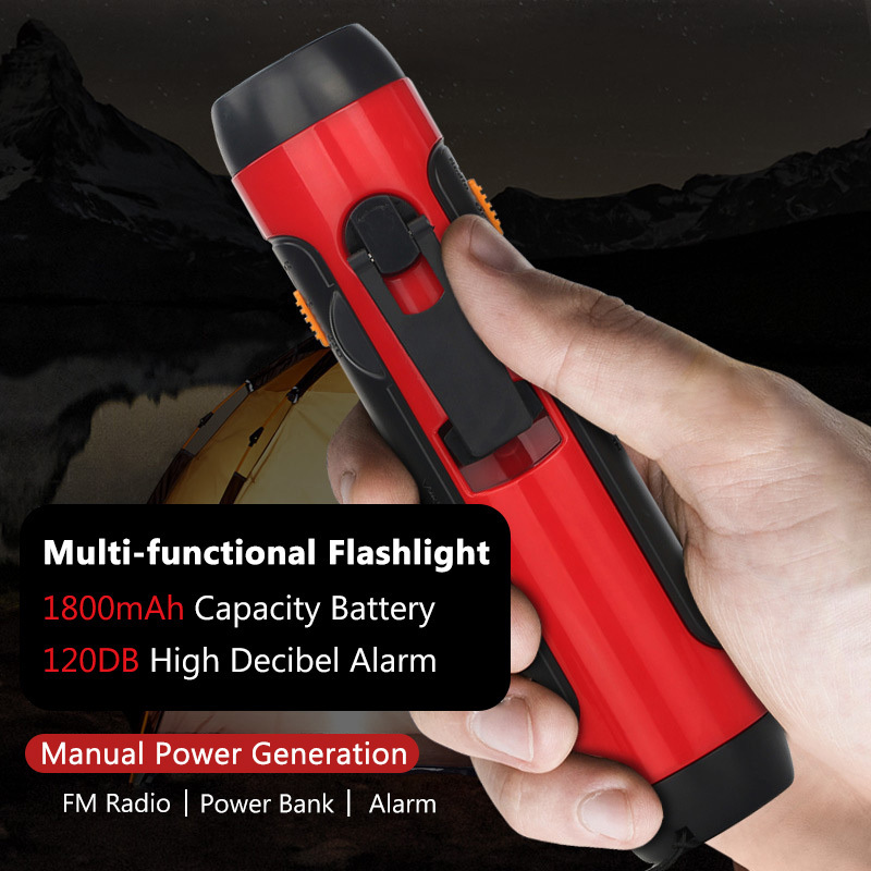 Emergency Flashlight With Weather Radio USB Phone Charger Hand Crank Generator SOS Alarm 1800mAh LED Flashlight for Home Power