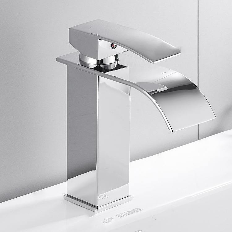 Waterfall Spout Single Handle Bathroom Faucet SUS304 stainless steel Chrome Finish Commercial Modern Lavatory Deck Mount