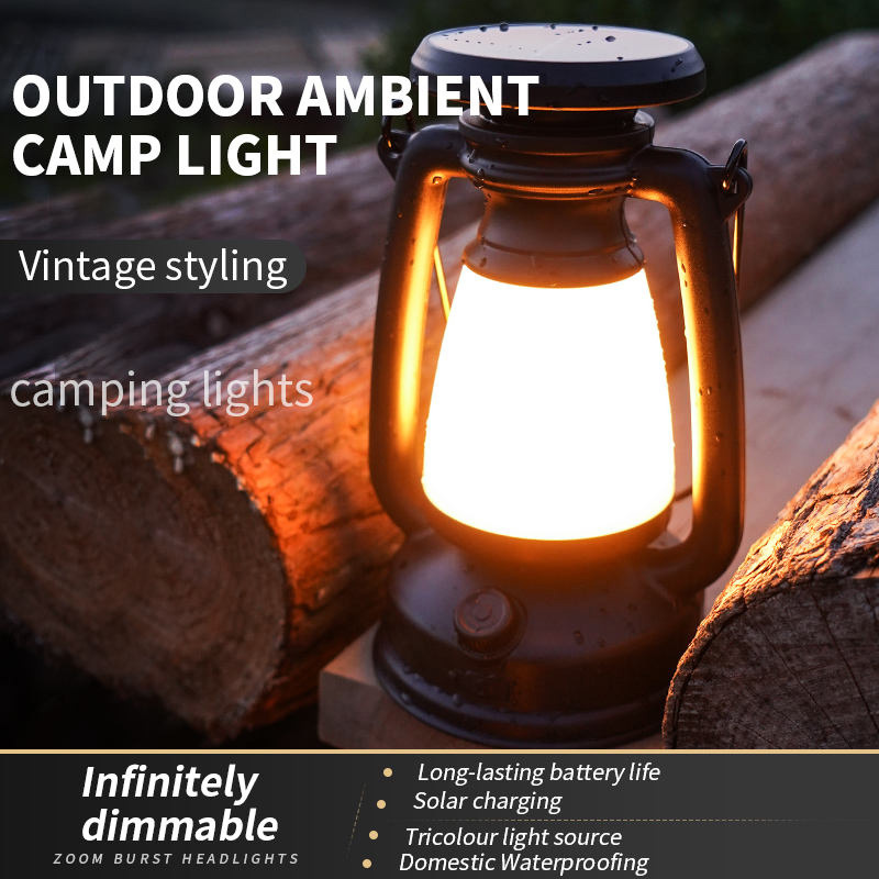 Wholesale Handheld Camping Lantern Solar Powered Stepless Dimming Sunlight Charging USB C Rechargeable LED Vintage Tent Lamp