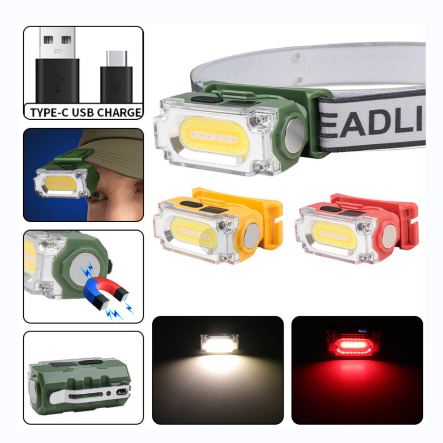 ABS Plastic PC Headlamp Digital Display Magnet White Yellow Red Light COB LED 500 Lumens Head Lamp Clip on Hat Camping Headlight