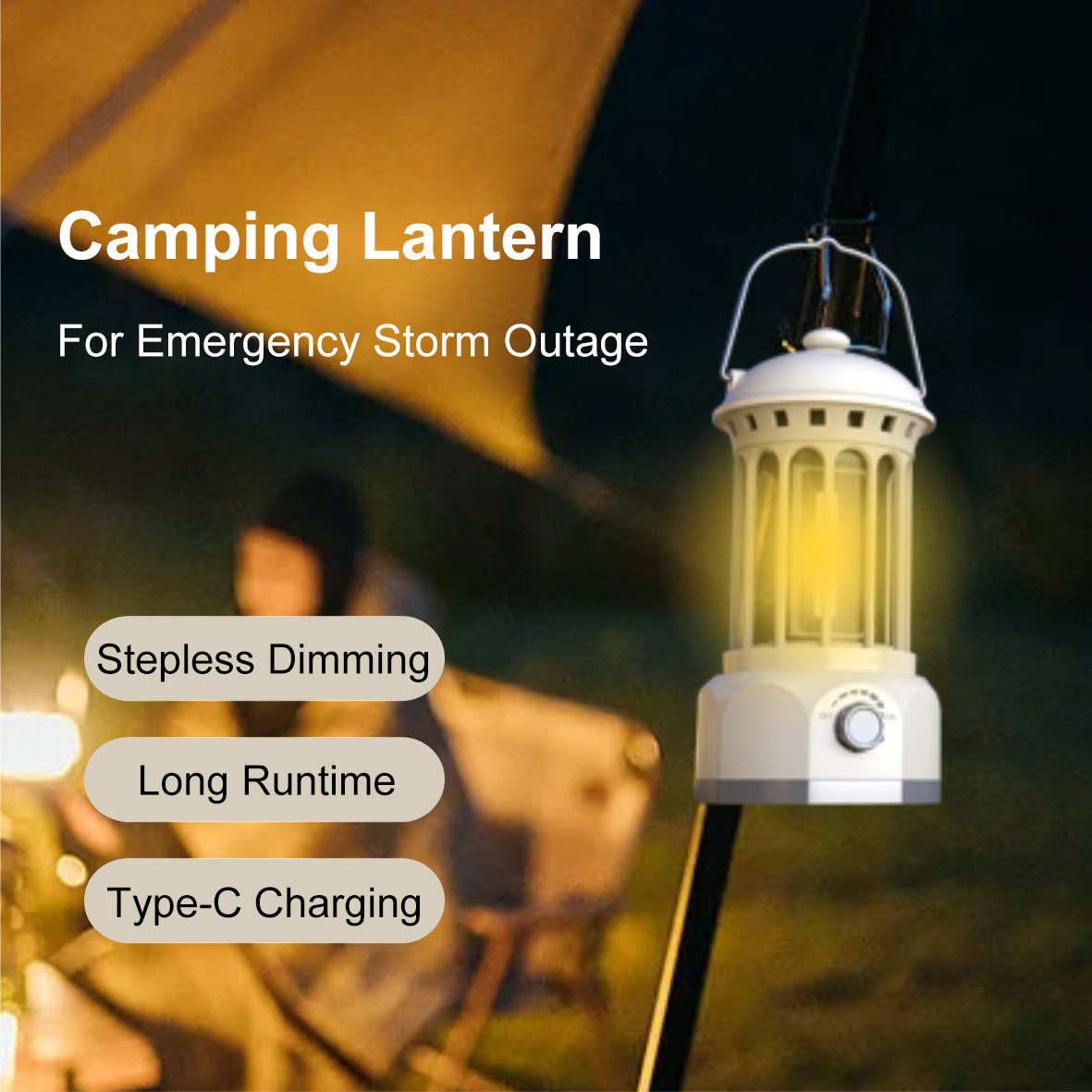 LED Camping Lantern Type-C Fast Charging Rechargeable Flashlight Waterproof for Hurricane Emergency Outdoor Hiking and Home