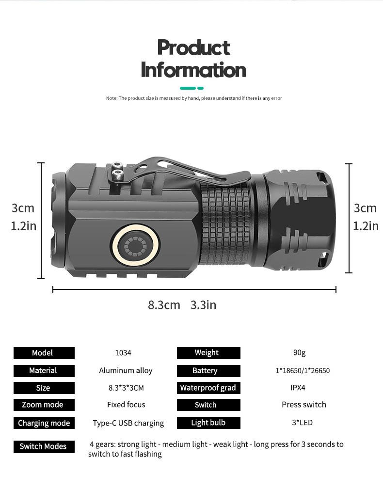 Compact Tactical Flashlight Rechargeable LED 3000 Lumens Waterproof 4 Modes Small Flashlight Hiking Emergency Mini Flash Light