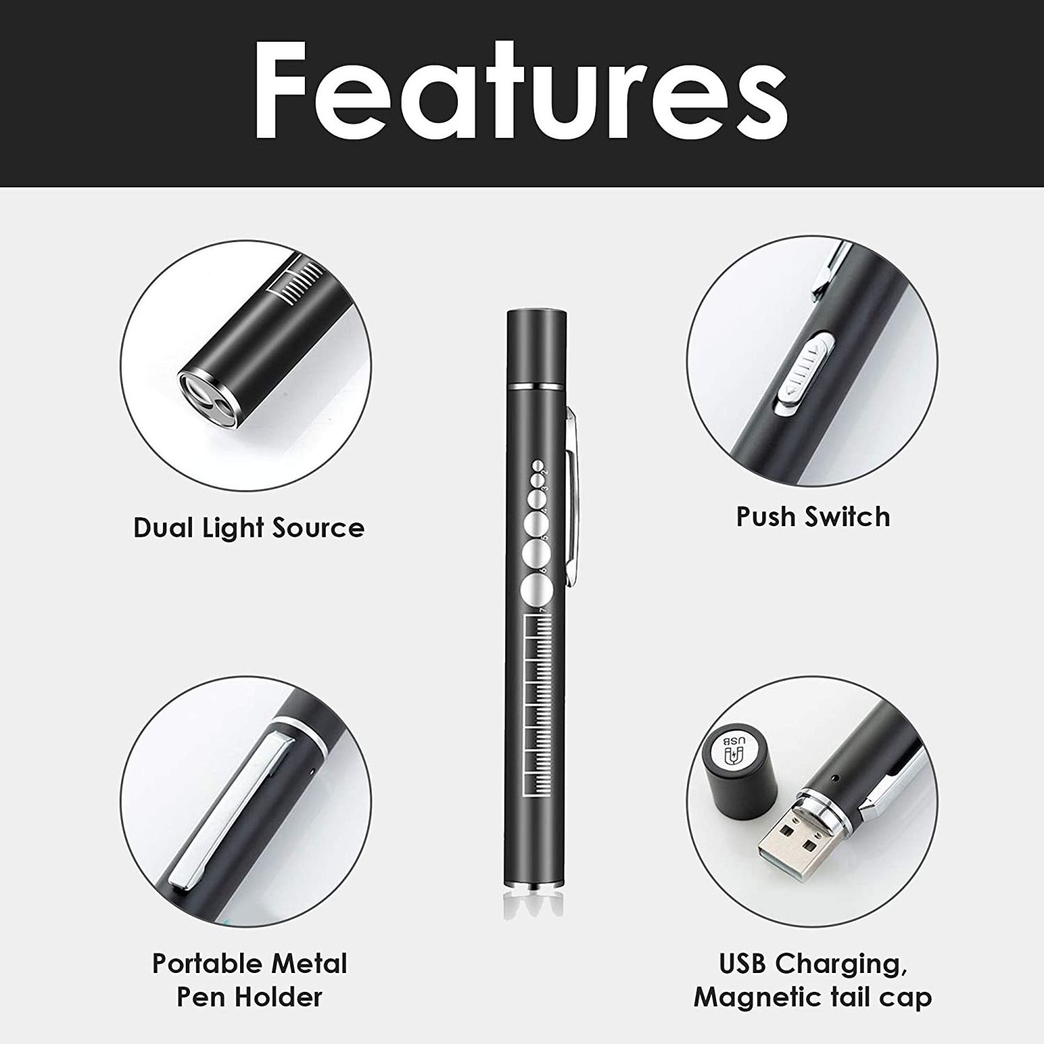 USB Rechargeable Pen Light Medical Flashlight for Student Doctor Nurse ENT 2 Light LED Sources Warm Light Pocket Clip Penlight