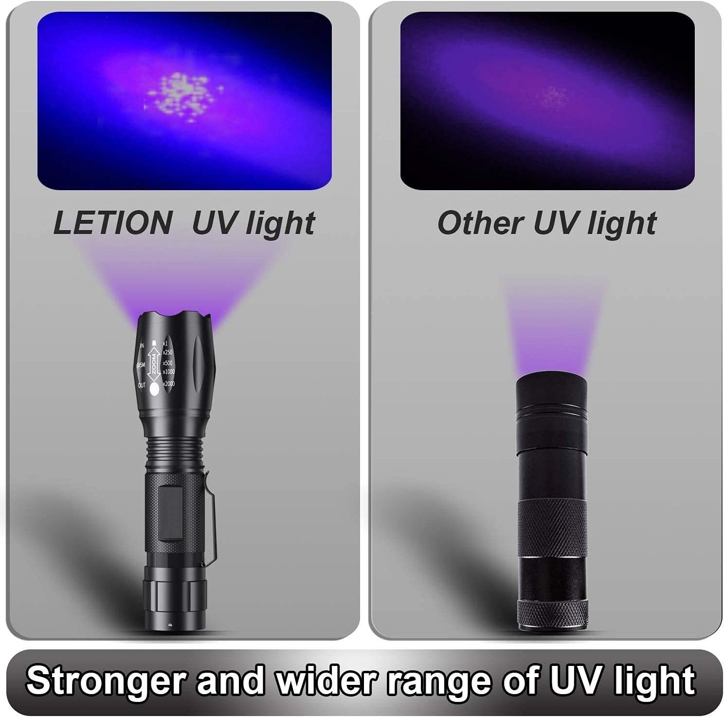 Purple White Dual Light Flashlight LED Ultraviolet Torch Zoom Retractable Flashlight Lamp Fluorescent Agent Detection Flashlight