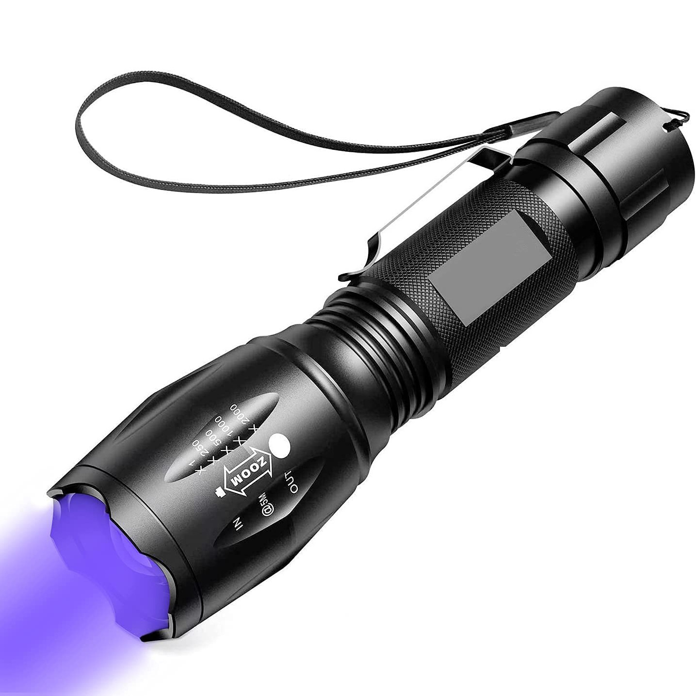 Purple White Dual Light Flashlight LED Ultraviolet Torch Zoom Retractable Flashlight Lamp Fluorescent Agent Detection Flashlight