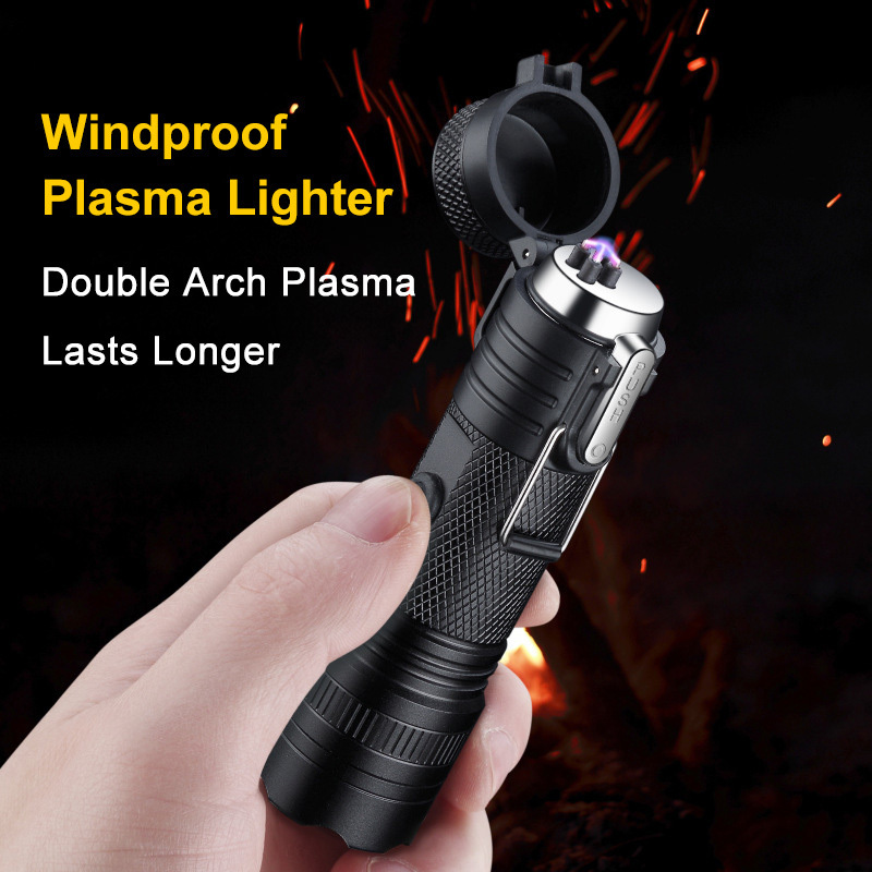 USB Rechargeable Tactical Flashlight Outdoor Waterproof Camping Electric Lighter Dual Arc Lighters Survival Gear Hiking Torch