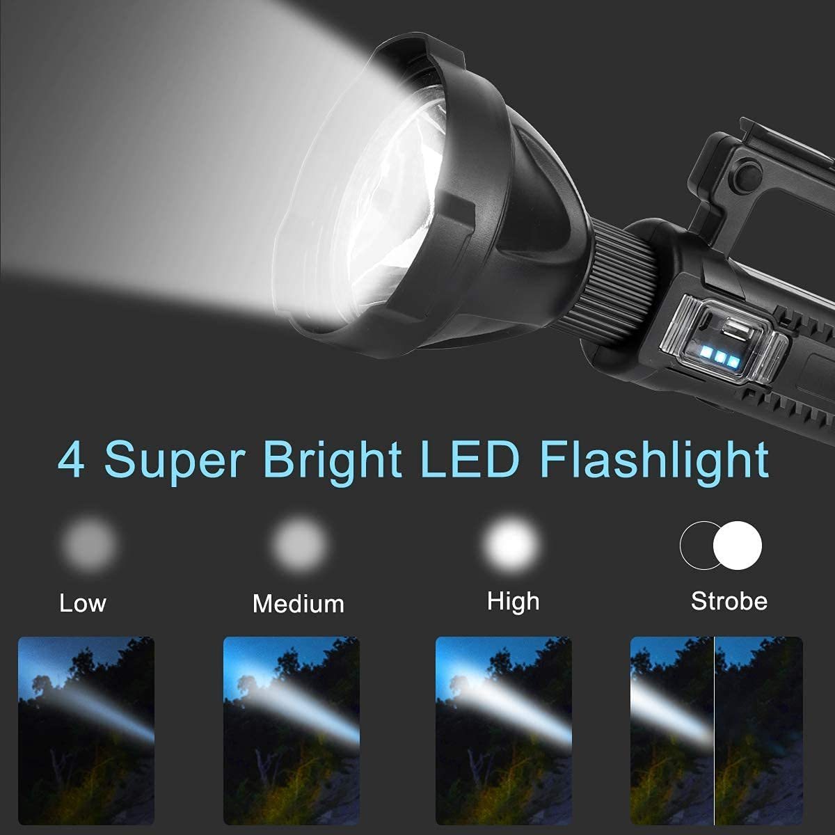 Rechargeable Flashlight Super Bright Led Searchlight with Tripod and USB Output Waterproof 4Modes Handheld Spotlight for Camping