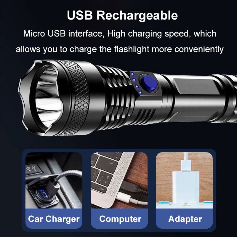 Super bright Flashlight Aluminum Alloy Waterproof USB 1200 Lumens LED Torch High Quality Fishing Outdoor Handheld Flashlights