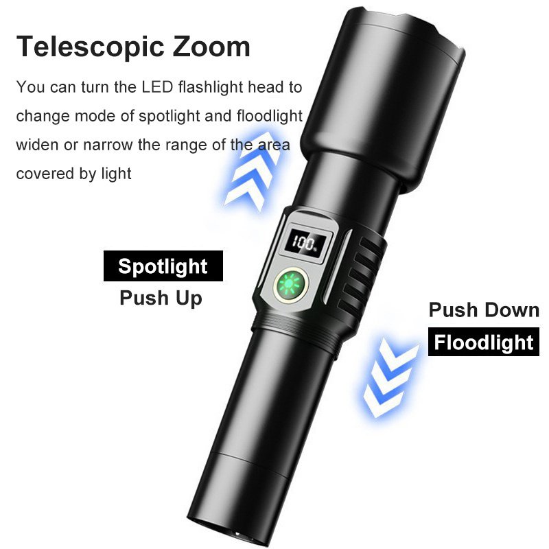 Aluminium Alloy Tactical Flashlight LCD Numerical Display 12000 Lumens 30W LED Zoomable Waterproof Torch Emergency Flash Light