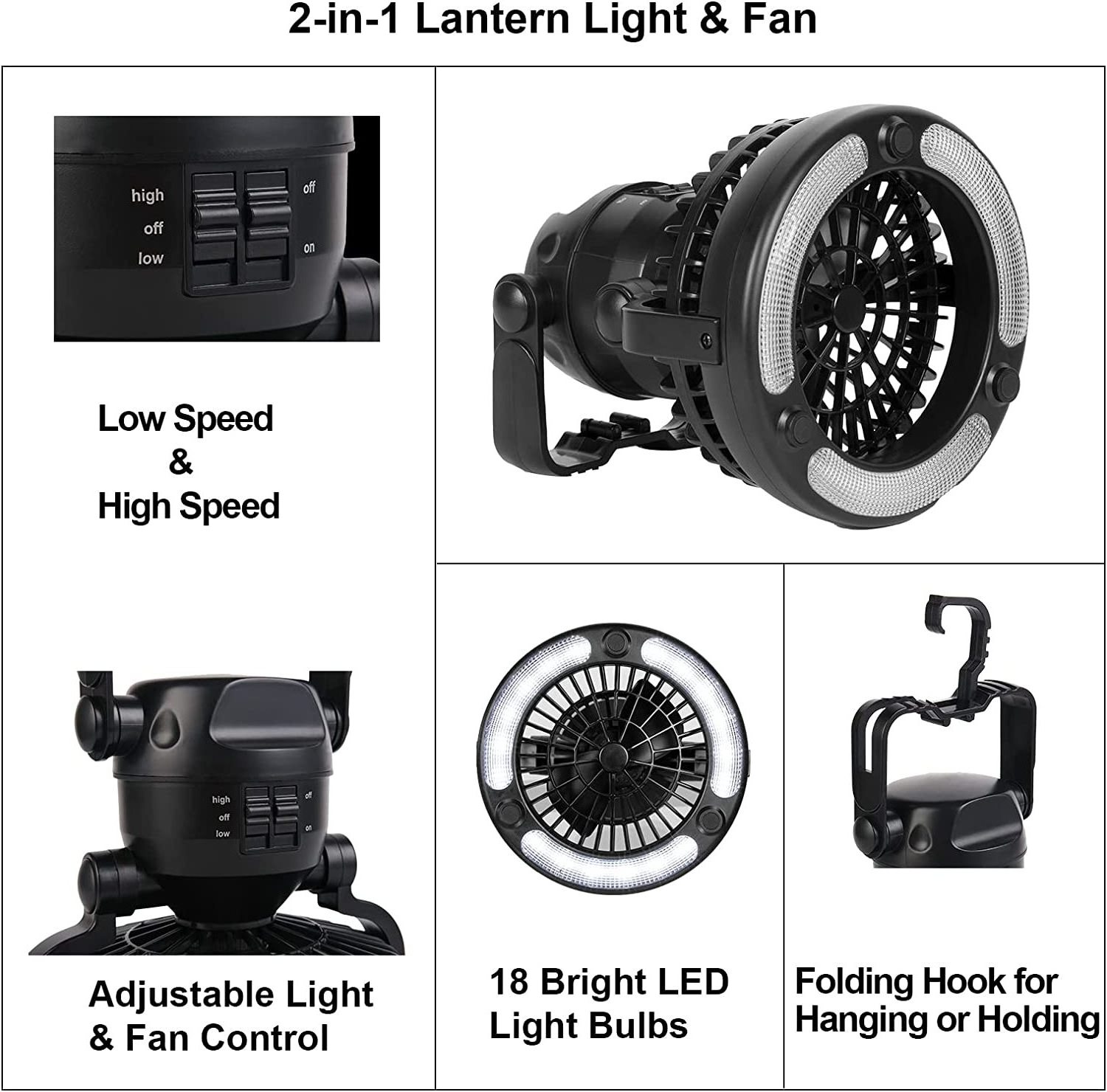 Camping Lantern Tent 2-in-1 18 LED Camping Fan with Ceiling Fan Battery Powered for Hurricane Emergency Outdoor Fishing Travel