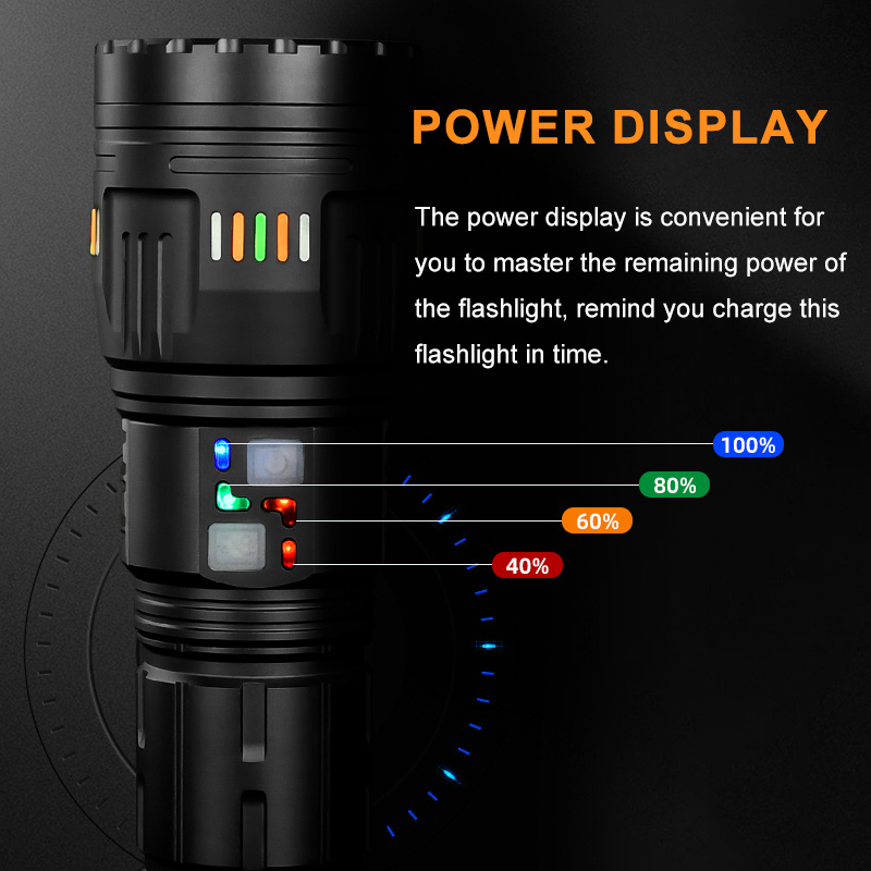 Super Bright Flashlight with Luminous Strips 30W LED Type C USB Charging 7 Modes Zoomable 40000 Lumens Outdoor Emergency Torch