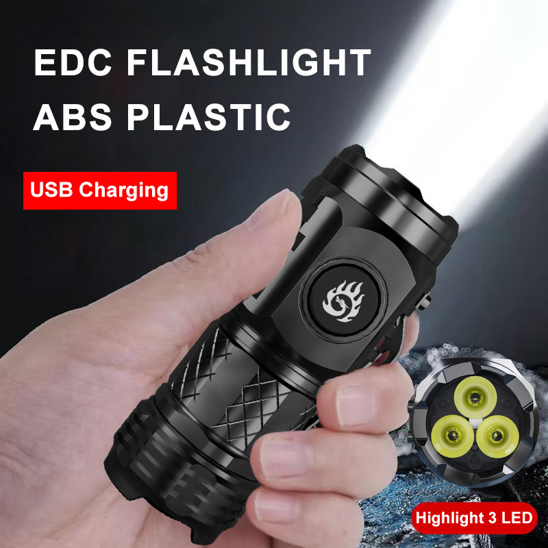 2024 New ABS Plastic Flashlight Rechargeable 3 LED 3000 Lumens 5 Modes Outdoor EDC Flashlight Power Outage Emergency Lighting