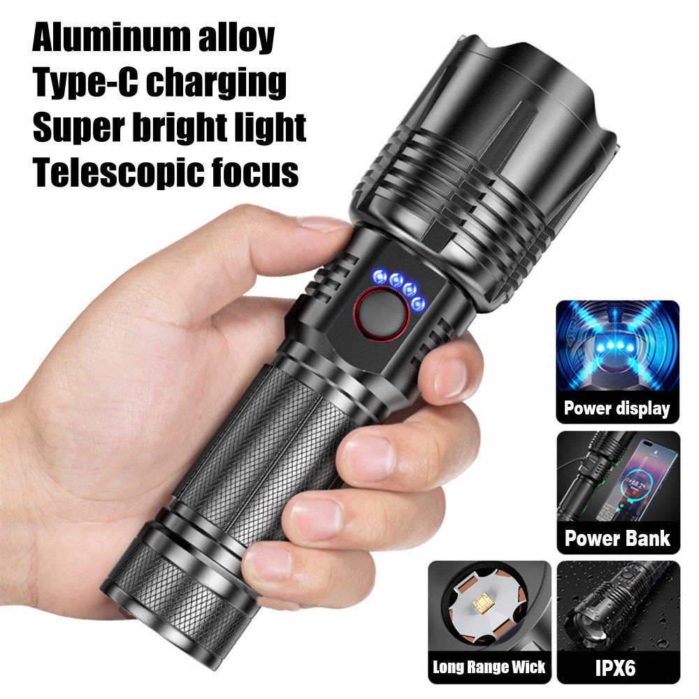 Long Range High-power Flashlight Telescopic Focusing Strong Light Torch 30W LED Type-c smart Charging With Power Bank Function