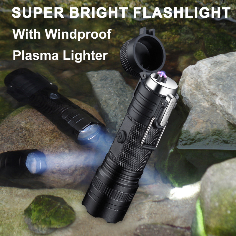 USB Rechargeable Tactical Flashlight Outdoor Waterproof Camping Electric Lighter Dual Arc Lighters Survival Gear Hiking Torch