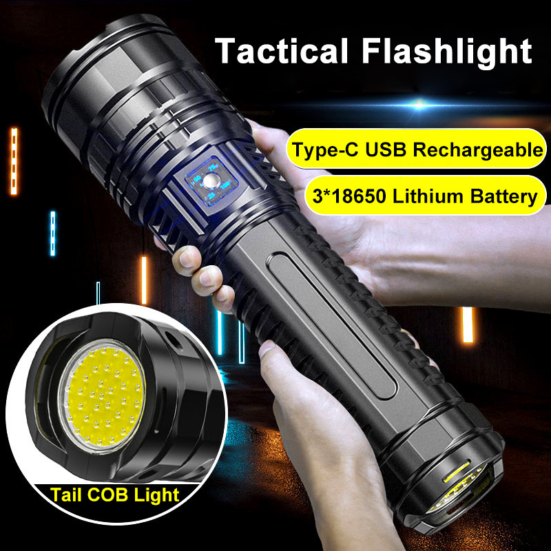 Tactical Flashlight Shoulder Strap Tail COB Light Type-C USB 50W LED 36000 Lumens 5 Modes Emergency Outdoor Hiking Flashlight