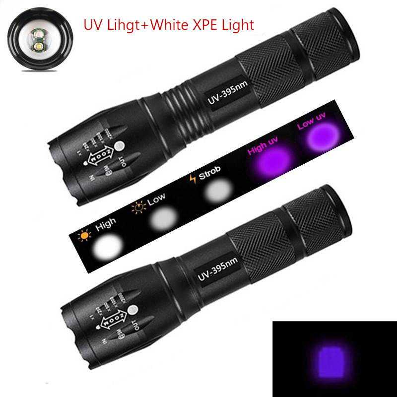 Purple White Dual Light Flashlight LED Ultraviolet Torch Zoom Retractable Flashlight Lamp Fluorescent Agent Detection Flashlight